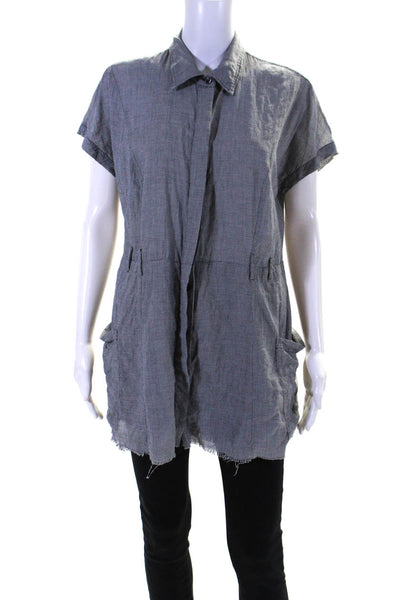 Cotelac Womens Striped Print Fringed Hem Buttoned Collared Top Gray Size M