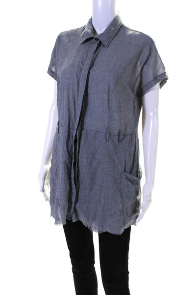 Cotelac Womens Striped Print Fringed Hem Buttoned Collared Top Gray Size M