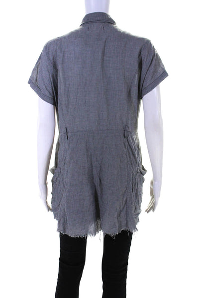 Cotelac Womens Striped Print Fringed Hem Buttoned Collared Top Gray Size M