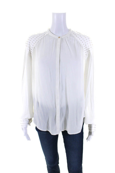 Joie Womens Beaded Buttoned Long Sleeve Round Neck Blouse Top White Size L