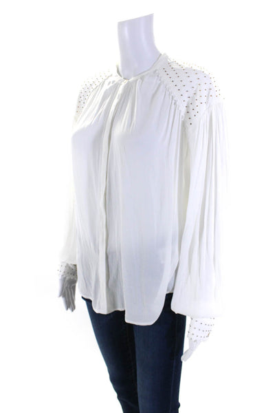 Joie Womens Beaded Buttoned Long Sleeve Round Neck Blouse Top White Size L