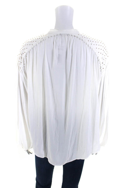 Joie Womens Beaded Buttoned Long Sleeve Round Neck Blouse Top White Size L