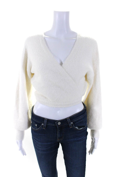 Kookai Womens White Fuzzy V-Neck Tie Around Cardigan Sweater Top Size 10