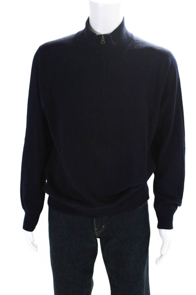 J Crew Mens Merino Wool Knit 1/2 Zip Up Mock Neck Sweater Navy Blue Size L