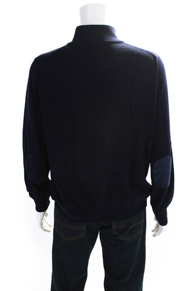 J Crew Mens Merino Wool Knit 1/2 Zip Up Mock Neck Sweater Navy Blue Size L