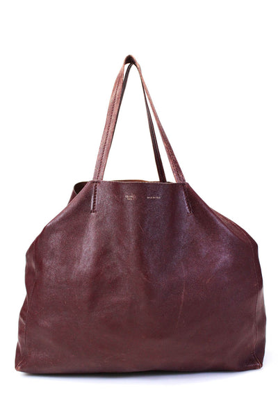 Celine Womens Leather Cabas Open Top Toe Bag Top Handle Burgundy Large Handbag