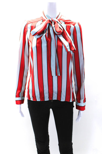 Alice + Olivia Womens Long Sleeve Tie Neck Silk Striped Shirt Blue Red Size XS