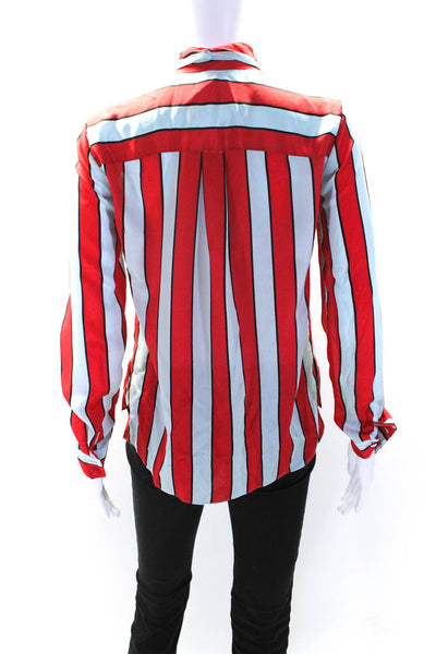 Alice + Olivia Womens Long Sleeve Tie Neck Silk Striped Shirt Blue Red Size XS