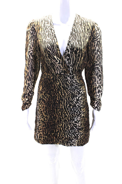 Rixo Womens Side Zip Long Sleeve V Neck Leopard Silk Dress Brown Size 2