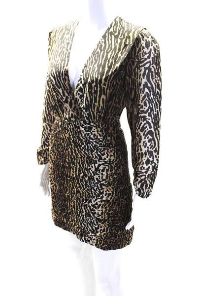 Rixo Womens Side Zip Long Sleeve V Neck Leopard Silk Dress Brown Size 2