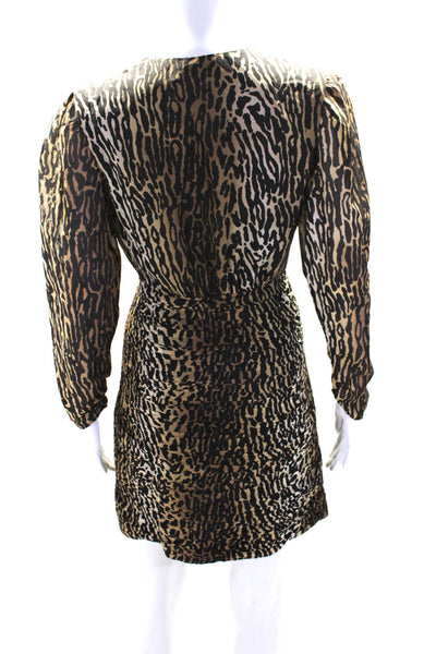 Rixo Womens Side Zip Long Sleeve V Neck Leopard Silk Dress Brown Size 2