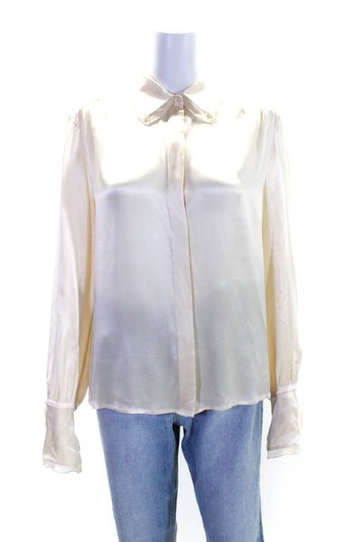 Rena Lange Womens Silk Satin Collared Button Up Blouse Top White Size 12