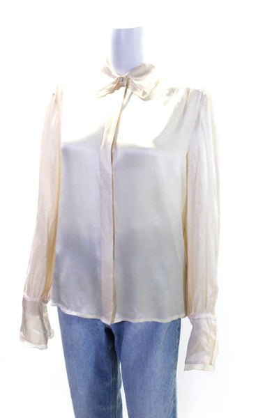 Rena Lange Womens Silk Satin Collared Button Up Blouse Top White Size 12