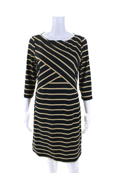 J. Mclaughlin Womens Black Striped Boat Neck Long Sleeve Shift Dress Size M