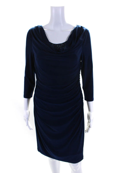 Adrianna Papell Womens Navy Beaded Drape Neck Long Sleeve Gown Dress Size S