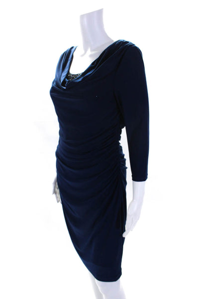 Adrianna Papell Womens Navy Beaded Drape Neck Long Sleeve Gown Dress Size S