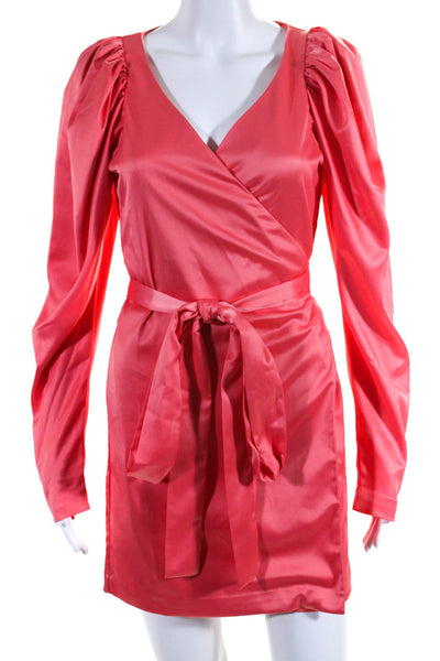 ROTATE Womens Satin Puff Sleeve V-Neck Wrap Mini Dress Pink Size 6