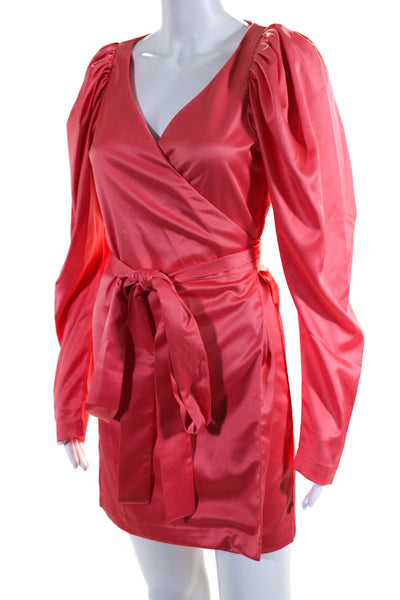 ROTATE Womens Satin Puff Sleeve V-Neck Wrap Mini Dress Pink Size 6