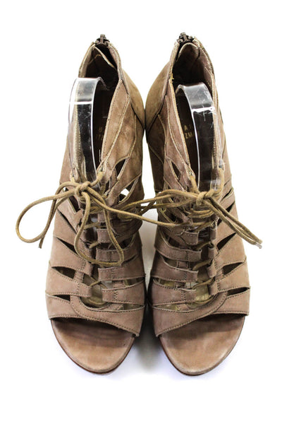 Stuart Weitzman Womens Suede Lace Up Platform Zip Up High Heels Beige Size 10