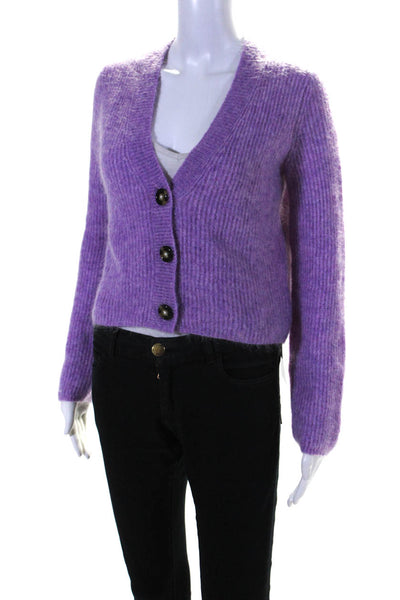 Intermix Womens Mohair V Neck Long Sleeves Cardigan Sweater Purple Size Petite