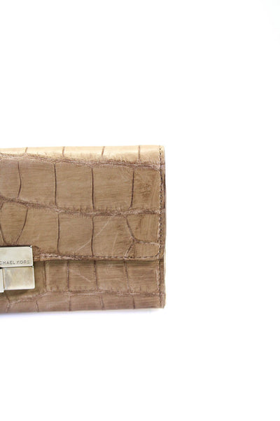 Michael Kors Womens Embossed Leather Push Lock Silver Tone Wallet Beige