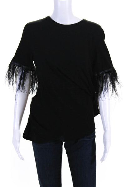 Morgane Le Fay Womens Short Sleeve Feather Trim Twisted Blouse Black Size M