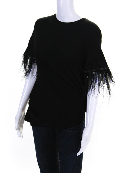 Morgane Le Fay Womens Short Sleeve Feather Trim Twisted Blouse Black Size M