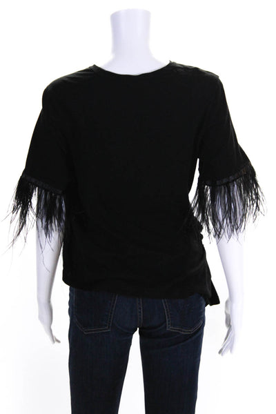 Morgane Le Fay Womens Short Sleeve Feather Trim Twisted Blouse Black Size M