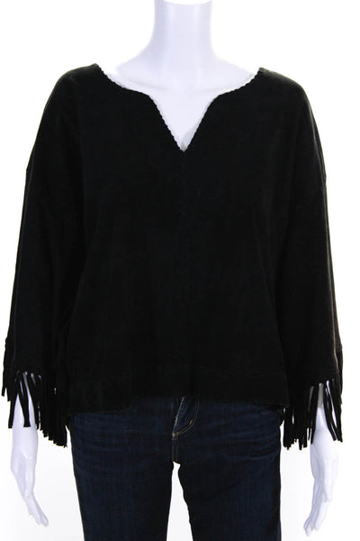 Natalie Martin Womens Suede V Neck Fringe Trim Long Sleeve Tunic Black Size L