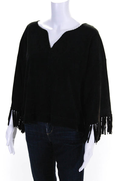 Natalie Martin Womens Suede V Neck Fringe Trim Long Sleeve Tunic Black Size L