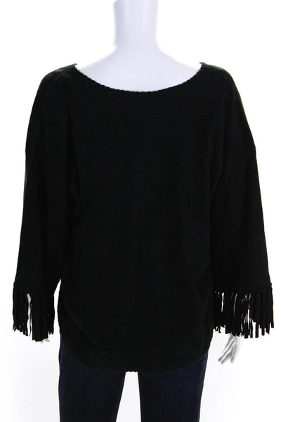 Natalie Martin Womens Suede V Neck Fringe Trim Long Sleeve Tunic Black Size L