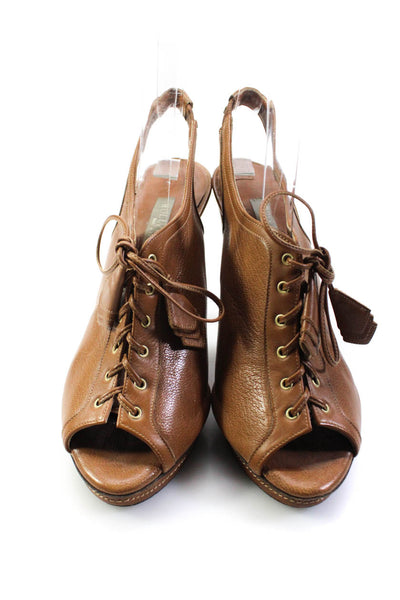 Hollywould Womens Lace Up Peep Toe Slingback Booties Brown Leather Size 38 8