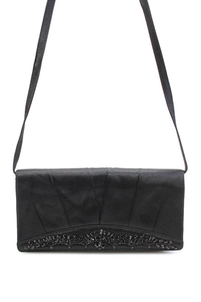 Badgley Mischka Womens Beaded Pleated Satin Flap Clutch Crossbody Handbag Black