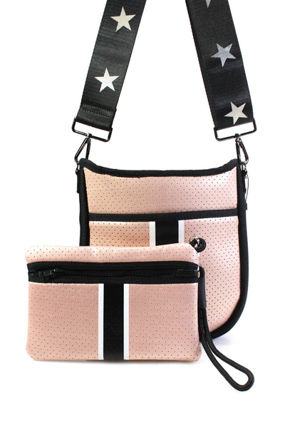 Haute Shore Womens Perforated Faux Leather Neoprene Crossbody Handbag Pink Black