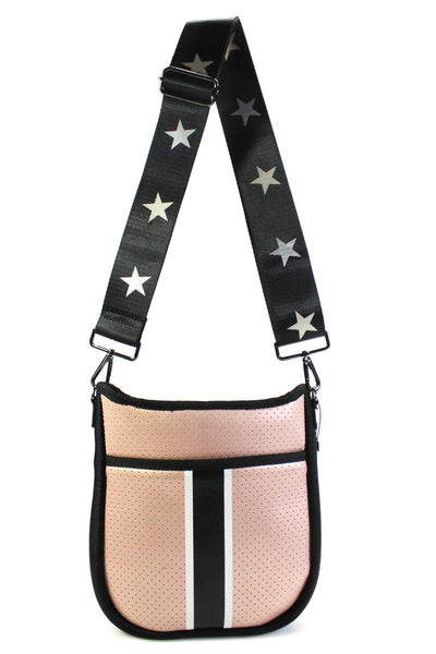 Haute Shore Womens Perforated Faux Leather Neoprene Crossbody Handbag Pink Black