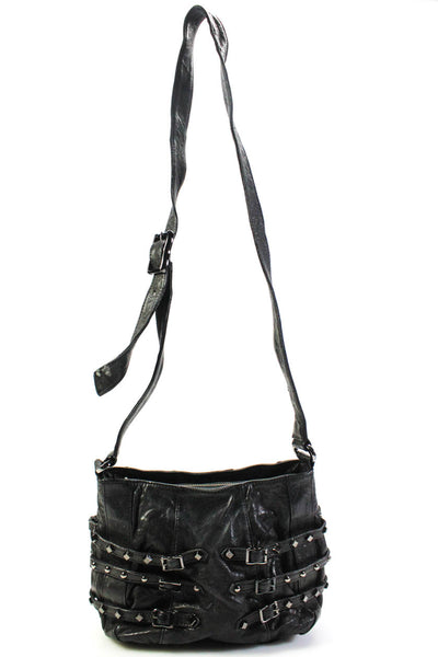 Treesje Womens Small Studded Leather Buckle Strap Crossbody Handbag Black