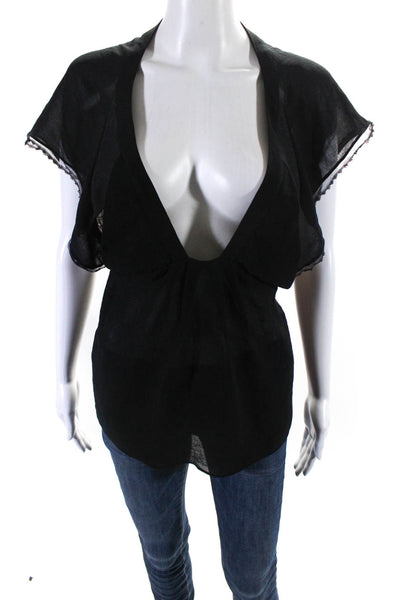 Vanessa Bruno Womens Lace Insert Short Sleeve V Neck Top Blouse Black FR 38