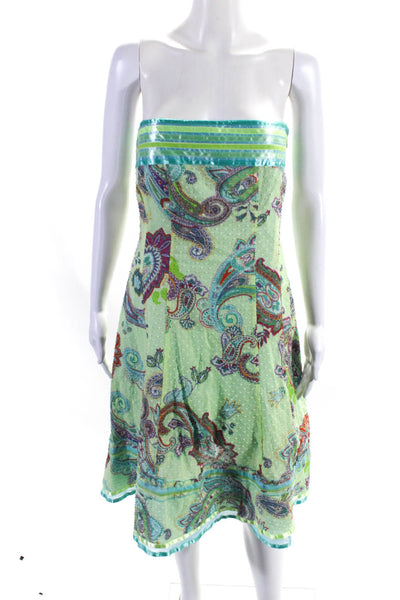 Cynthia Steffe Womens Strapless Paisley Swiss Dot Flare Dress Blue Green Size 6