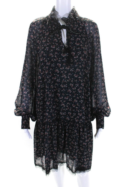 See by Chloe Womens Navy Floral V-Neck Long Sleeve Mini Tiered Dress Size 42