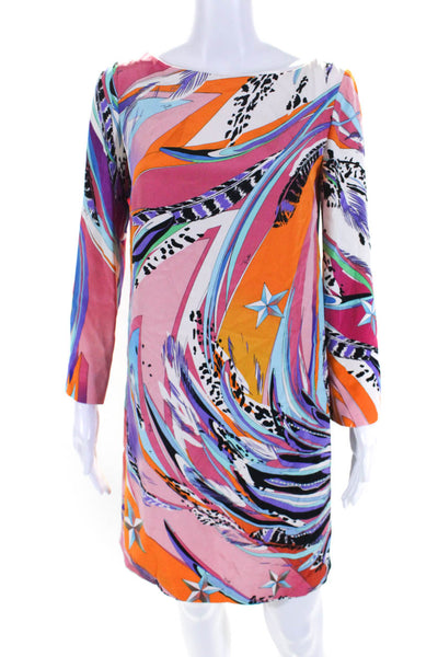 Emilio Pucci Womens Multicolor Printed Silk Lined Long Sleeve Shift Dress Size 6