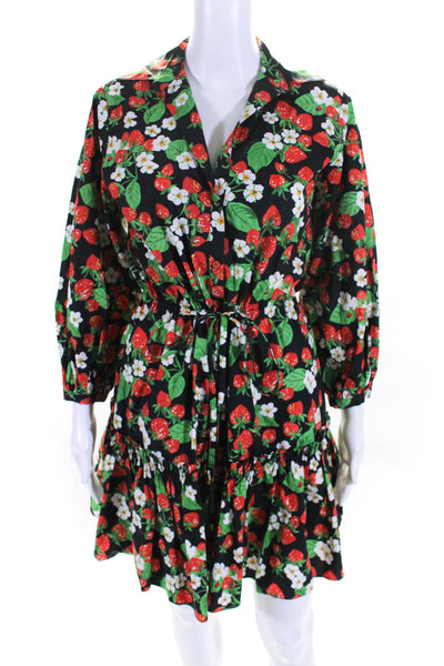 Cara Cara Womens Black Strawberry Print Cotton Long Sleeve Shift Dress Size XS