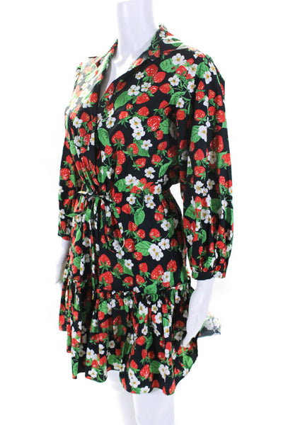 Cara Cara Womens Black Strawberry Print Cotton Long Sleeve Shift Dress Size XS