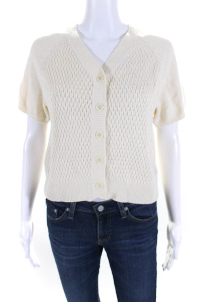 Dokotoo Womens Pointelle Cable Knit V Neck Short Sleeve Cardigan White Small