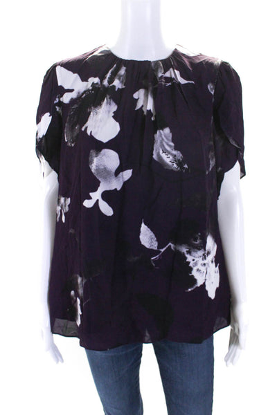 Erdem Womens Short Sleeve Floral Crew Neck Top Blouse Purple Size 10