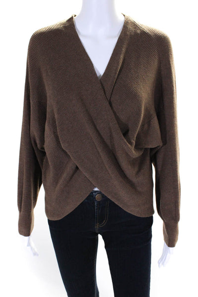 Maac Womens Long Sleeve V Neck Faux Wrap Sweater Brown Cotton Size Small