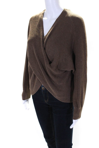 Maac Womens Long Sleeve V Neck Faux Wrap Sweater Brown Cotton Size Small