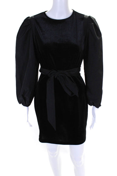 LDT Womens Black Velvet Crew Neck Belt Puff Long Sleeve Shift Dress Size 2