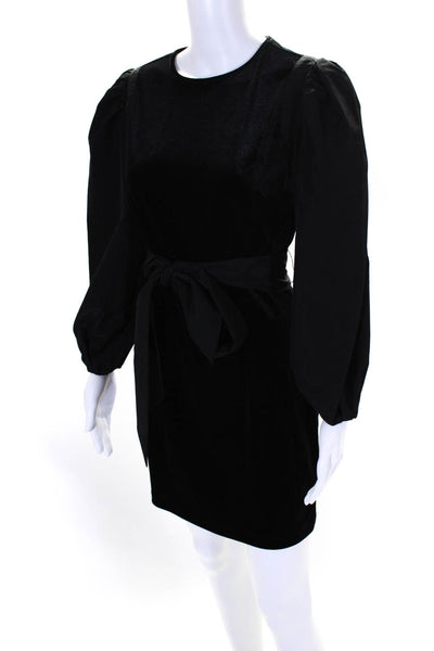 LDT Womens Black Velvet Crew Neck Belt Puff Long Sleeve Shift Dress Size 2