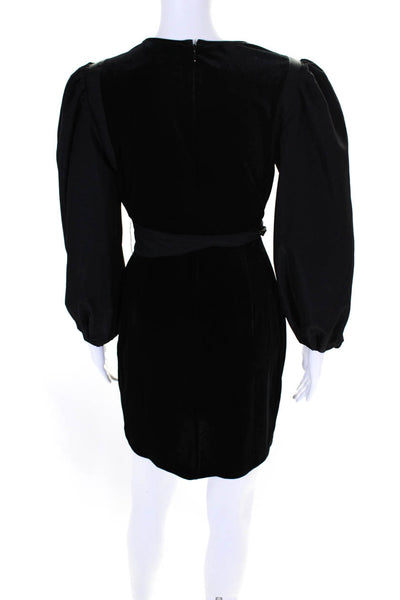 LDT Womens Black Velvet Crew Neck Belt Puff Long Sleeve Shift Dress Size 2