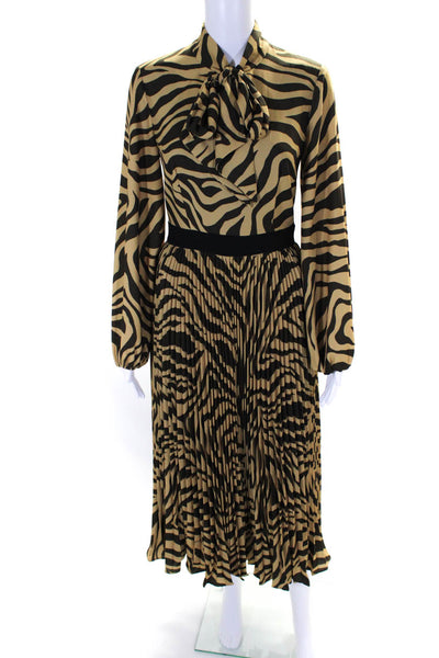 Toccin Womens Brown Printed Pleated V-Neck Long Sleeve Shift Dress Size 0